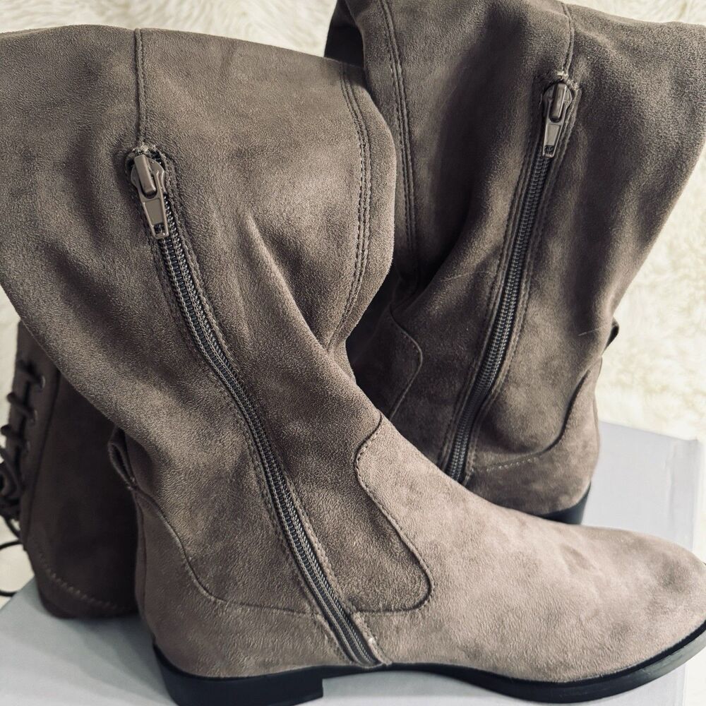 Kenneth Cole Reaction Wind Chime Boots 6.5 Womens Dark Mushroom Brown Knee Tie